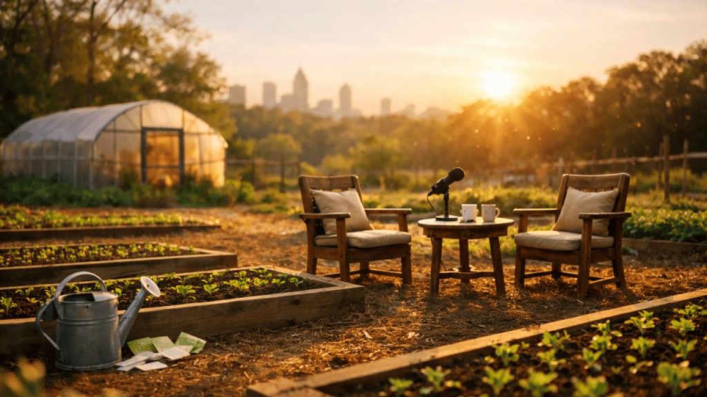 AI illustration of a garden conversation for Cultivating Care