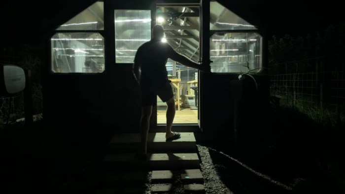 Heading into the high tunnel before the break of dawn to tend the winter lettuce.
