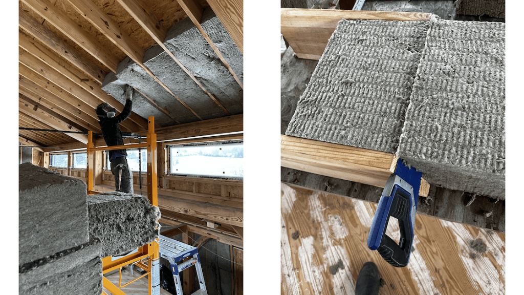 Ian placing insulation batting while Tommy feeds him standard-cut wedges of rockwool