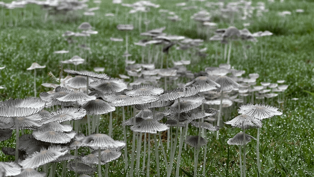 Mushroom fruiting bodies in the yard